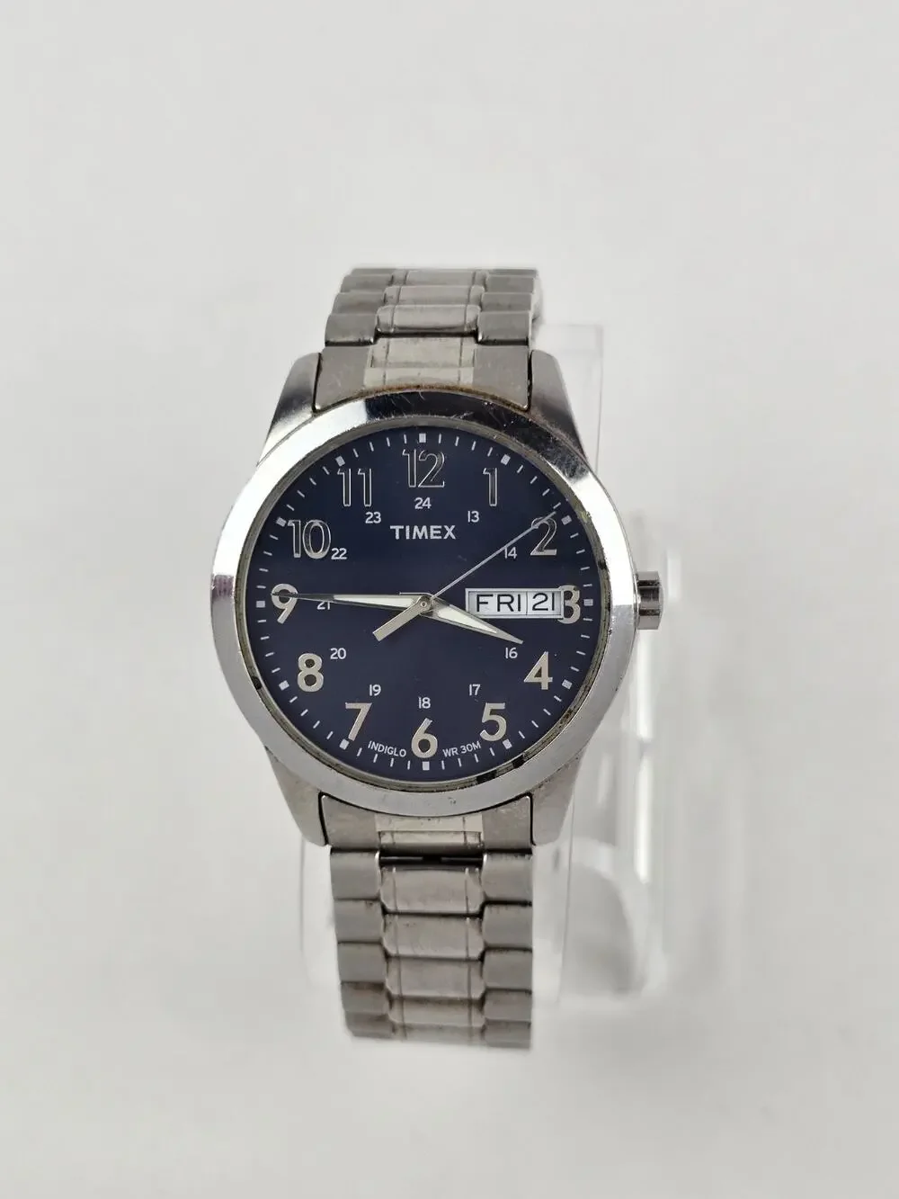 Timex Men's Silver-Tone Expansion Watch Indiglo Day/Date Blue Dial -New Battery